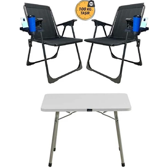 Kampseti 2 Adet Katlanır Kamp Sandalyesi ve Masa Seti-Bardaklık Hediyeli-Taşınabilir Piknik Bahçe Sandalyesi-Masası