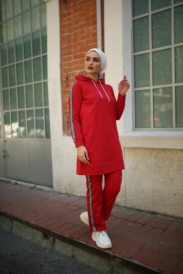 Cng Moda Kolu Şeritli Tesettür Eşofman Takımı S - Bordo