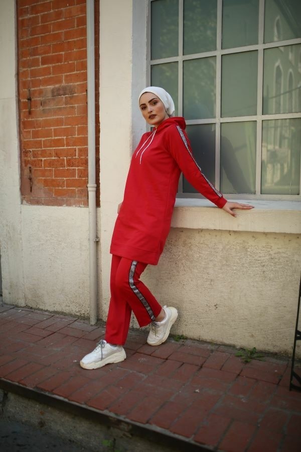 Cng Moda Kolu Şeritli Tesettür Eşofman Takımı S - Bordo görsel 2
