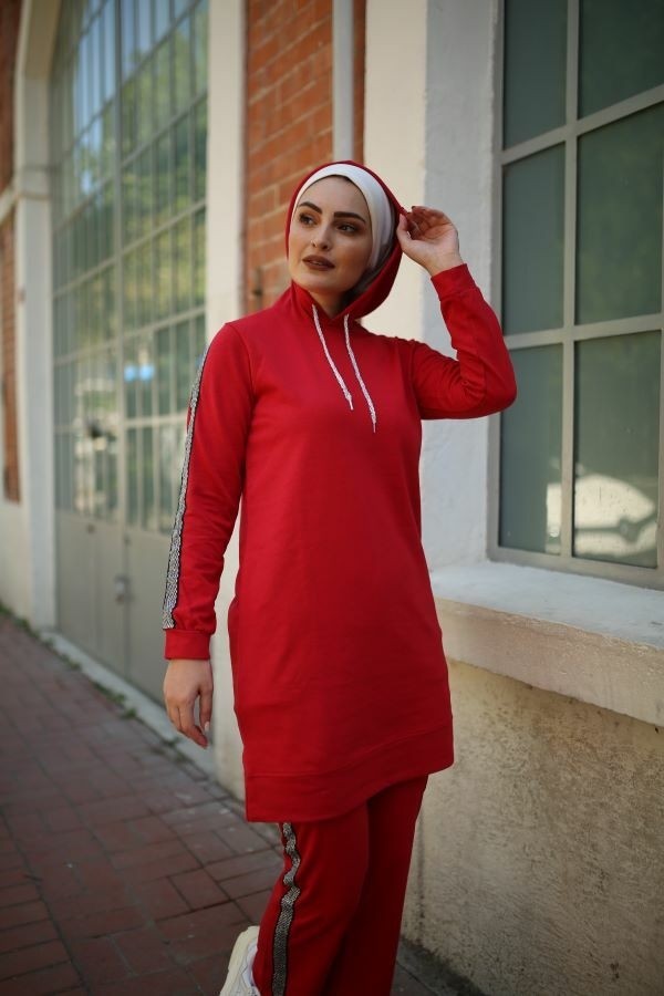 Cng Moda Kolu Şeritli Tesettür Eşofman Takımı S - Bordo görsel 5
