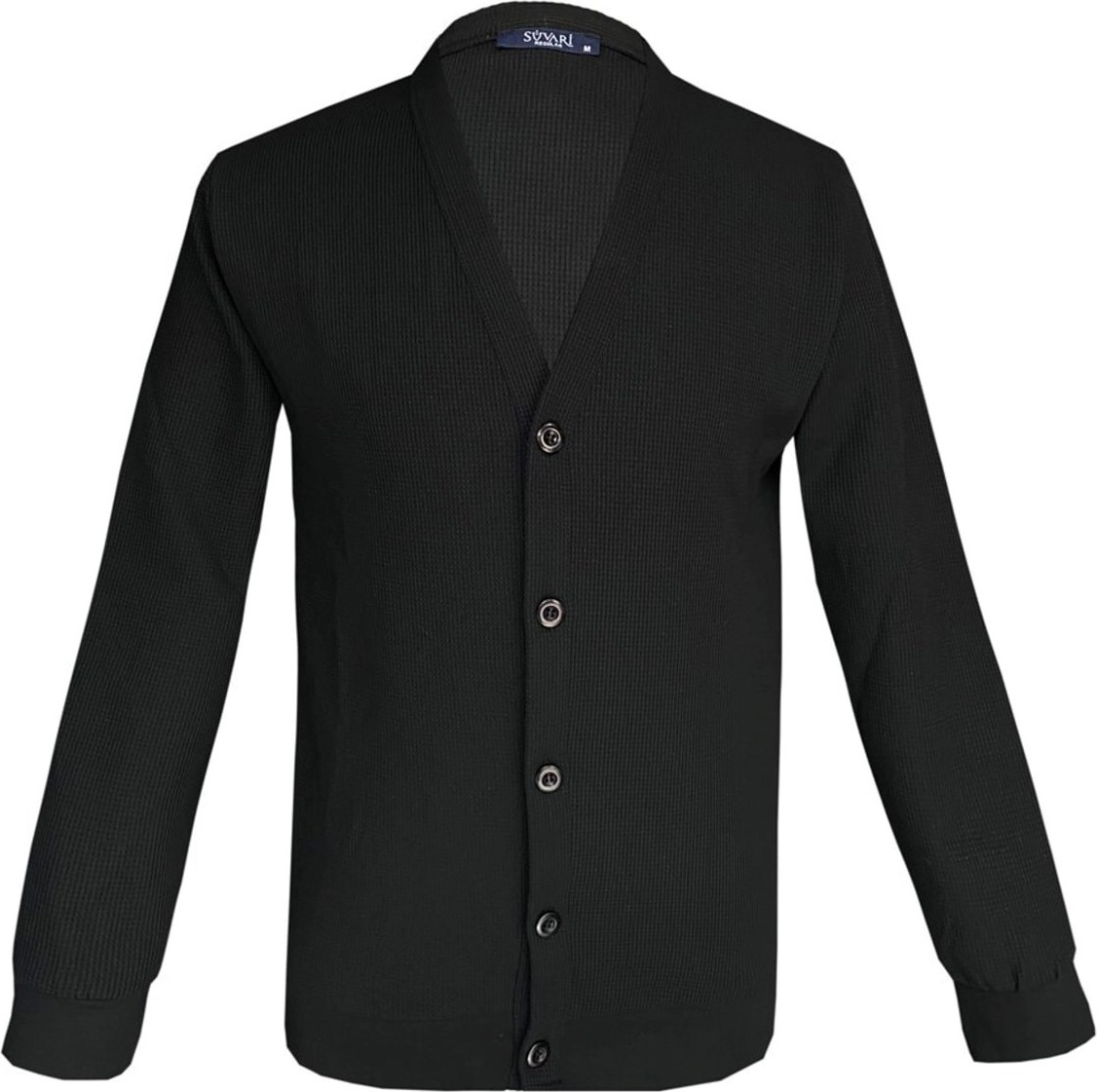 Süvari Waffle Desen Siyah Hırka Regular Kalıp %64 Polyester %34 Viskos Erkek Beden L