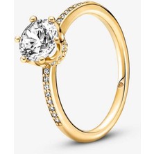 Poseidons Jewellery Şeffaf Işıltılı Taç Tektaş Yüzük Gold Renk