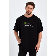 Ors Trend Nvidia Studio Baskılı Sıfır Yaka Unisex Oversize Tişört