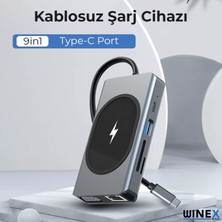 Global 9in1 USB Type-C Hub Port Adaptör 4K HDMI USB Ethernet Pd Girişli 15W Kablosuz Şarj WNE0064