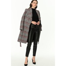 Dewberry Z6638 Dewberry Ekose Kadın Palto-Bordo-Siyah