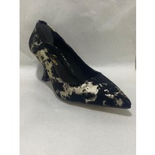 Akın Özmen Siyah Kadife Desenli Orta Topuklu (7cm) Ayakkabı