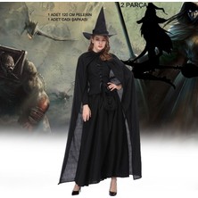 Pandoli Halloween  Siyah Renk 120 cm Witch Cadı Pelerini ve Şapkası 2 Li Set Yetişkin