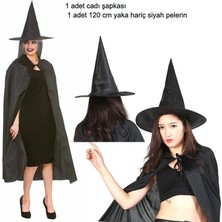 Pandoli Halloween  Siyah Renk 120 cm Witch Cadı Pelerini ve Şapkası 2 Li Set Yetişkin