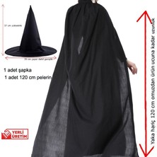 Pandoli Halloween  Siyah Renk 120 cm Witch Cadı Pelerini ve Şapkası 2 Li Set Yetişkin