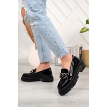 Aymood Kadın Siyah Zincirli Kalın Taban Loafer Makosen Ayakkabı