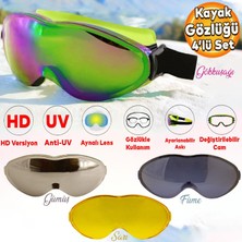 Badem10 Kayak Gözlüğü Değiştirebilir Camlı Güneş Kar Gözlük Gökkuşağı Snowboard Glasses Gözlük+3 Adet Yedek Cam