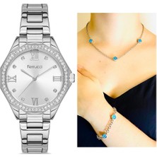 Ferrucci Zarif Kasa Çelik Kadın Kol Saati+Nazarlıklı Kolye Bileklik