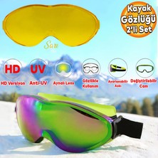 Badem10 Kayak Gözlüğü Değiştirebilir Camlı Güneş Kar Gözlük Gökkuşağı Snowboard Glasses Gözlük+1 Adet Yedek Cam (Sarı)