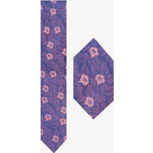 Erkek Lacivert Çiçek Desenli Kravat Mendil Set