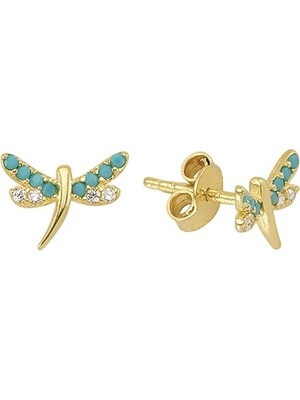 goldkupe 14 Ayar Gökkuşağı ve Firuze Modeli Taşlı Yusufçuk Altın Küpe