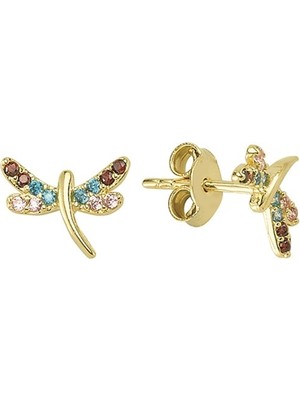 goldkupe 14 Ayar Gökkuşağı Firuze Modeli Taşlı Yusufçuk Altın Küpe