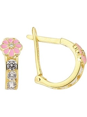 goldkupe 14 Ayar Kanallı Mineli Taşlı Altın Küpe