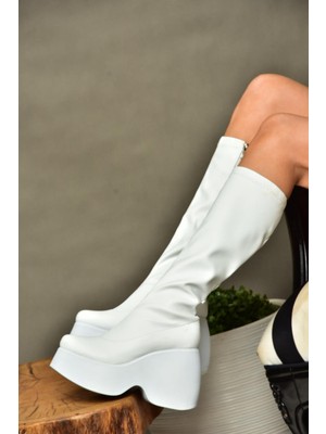 Fox Shoes N973444409 Beyaz Streç Dolgu Topuklu Kadın Çizme