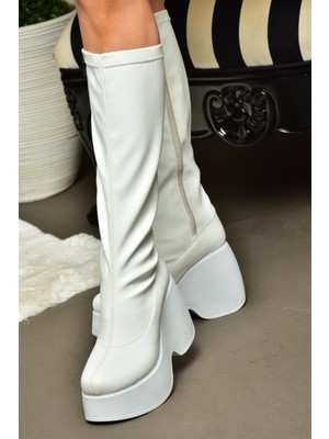 Fox Shoes N973444409 Beyaz Streç Dolgu Topuklu Kadın Çizme