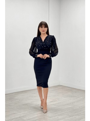 Giyimmasalı Krep Kumaş İnci Detaylı Kolları Tül Kalem Elbise - Siyah