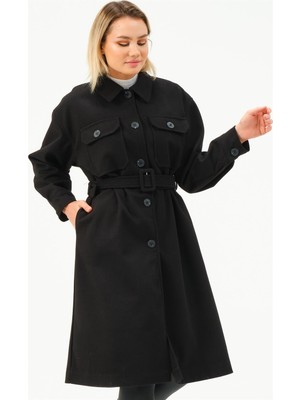 Dewberry Kadın Uzun Palto Siyah Renk Düz Desen %70 Polyester %30 Akrilik