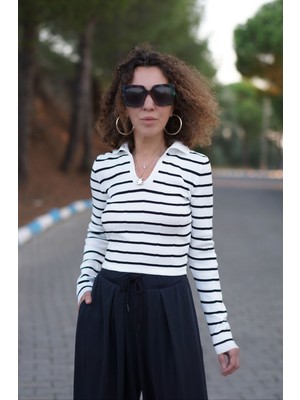 Zelish My Sister Siyah Polo Yaka Çizgili Uzun Kollu Kazak