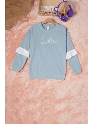 Pembe Life Yeşil Smile Nakışlı Kız Çocuk Waffle Sweatshirt 16594