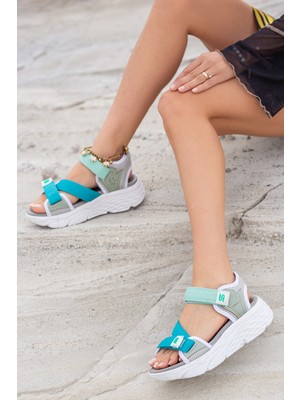 Sandal Spor Kadın Günlük Faylon Dolgu Taban Cırtlı Spor Günlük Sandalet SS001-0148 Gri Mavi