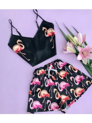 İbeeka Saten Askılı Crop Şortlu Ev Giyim Pijama Takımı Etnik - Flamingo Baskı Siyah Fuşya