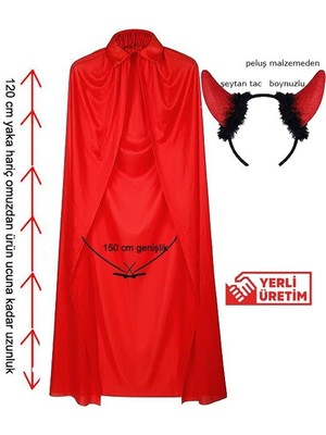 Pandoli Halloween Kırmızı Renk 120 cm Yakalı Şeytan Pelerini Seti Bayan Erkek Yetişkin