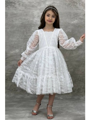 Riccotarz Kız Çocuk Kolları Transparan Yakası Inci Boncuklu Etek Ucu Fırfırlı Beyaz Abiye