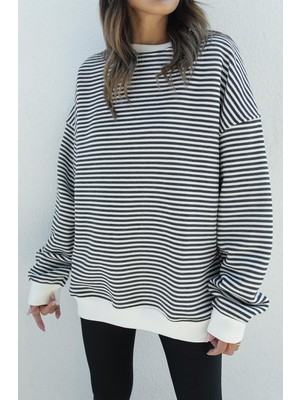 Havoş Ekru Gri Çizgili Oversize Sweatshirt
