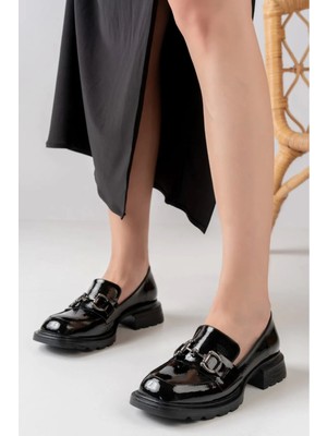 MTM Shoes Kadın Siyah Kırı Rugan Tokalı Loafer Ayakkabı