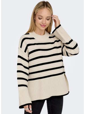 Only O Yaka Rahat Çizgili Krem Kazak Kadın Onlsıa Ls Loose Oneck Knt