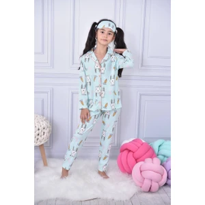 Kız Çocuk Pastel Renk Sevimli Tavşan - Havuç Baskı Desenli Düğmeli Pijama Takımı Göz Bandı Hediyeli