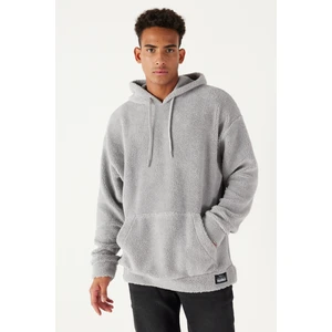 Altınyıldız Classics Erkek Açık Gri Oversize Bol Kesim Kapüşonlu Sherpa Sweatshirt Polar