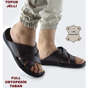 Jel Taban 034 Günlük TAM ORTOPEDİK Hakiki Deri Erkek Terlik PUFF Taban