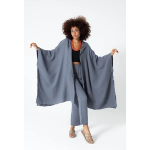 Koyu Gri Müslin Salaş Kapüşonlu Bohem Kaftan