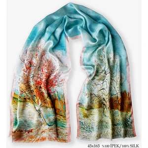 GALİGA Van Gogh-Pink Trees %100 İpek Fular 45x165cm "Art On Silk"