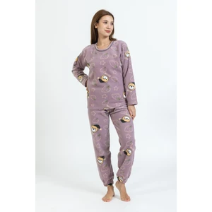 Kadın 177 Paça Lastikli Desenli Polar Pijama Takımı Mor