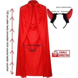 Halloween Kırmızı Renk 120 cm Yakalı Şeytan Pelerini Seti Bayan Erkek Yetişkin