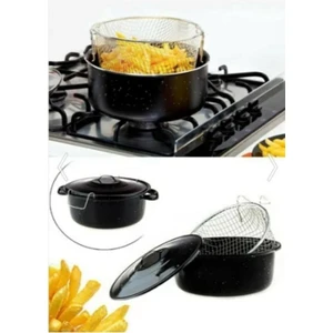 Emaye Fritöz Kızartma Tenceresi Süzgeç Sepetli Siyah Kapaklı