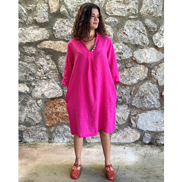 Byenbi Italyan Keten Elbise Düz Pembe ...