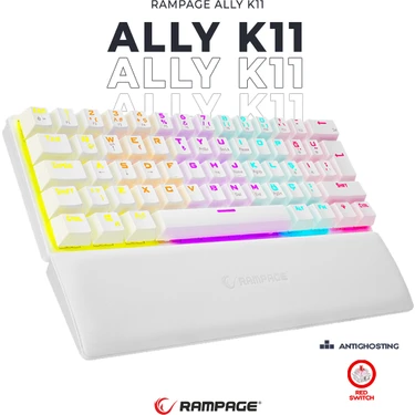 Rampage Ally K11 Beyaz 12 Işık Modlu Mekanik Antighosting Bilek Destekli Red Switch Gaming Oyuncu