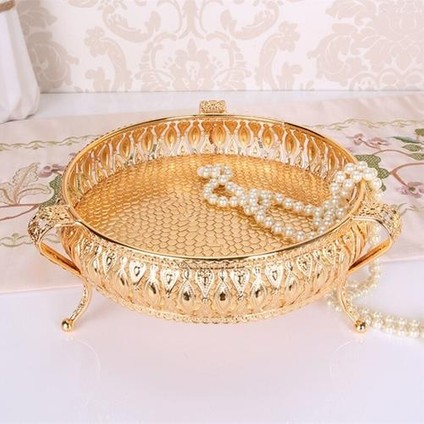 Metal Tepsi Lüks Altın Finish Hollow Plaka Kuruyemiş / Meyve / Kek Standı Düğün Centerpieces Ev Masa Dekorasyon | Depolama Tepsileri (Yuvarlak) (Yurt Dışından)