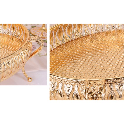 Metal Tepsi Lüks Altın Finish Hollow Plaka Kuruyemiş / Meyve / Kek Standı Düğün Centerpieces Ev Masa Dekorasyon | Depolama Tepsileri (Yuvarlak) (Yurt Dışından) fiyatları