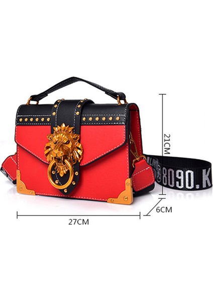 Kırmızı Moda Kadınlar Metal Aslan Çanta Crossbody Çanta Metal Aslan Kafası Marka Perçin Omuz Çantası Messenger Çanta (Yurt Dışından) fırsatları