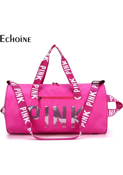 Pembe Echoine Kadın Moda Eğlence Zip Seyahat Çantası Spor Çantası Mektup Baskı Taşınabilir Tek Omuz Çantası Büyük Kapasiteli Saklama Çantası (Yurt Dışından) indirimleri