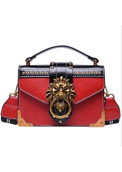 Kırmızı Moda Kız Metal Aslan Çanta Crossbody Çanta Tote Kadınlar Metal Aslan Kafası Marka Omuz Çantası Mini Kare Çanta (Yurt Dışından)