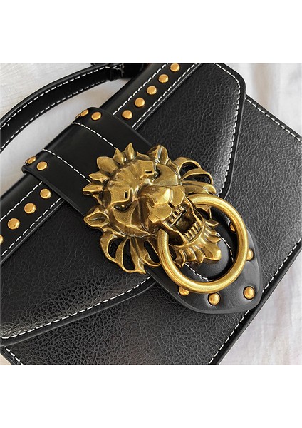 Kırmızı Moda Kız Metal Aslan Çanta Crossbody Çanta Tote Kadınlar Metal Aslan Kafası Marka Omuz Çantası Mini Kare Çanta (Yurt Dışından) modelleri